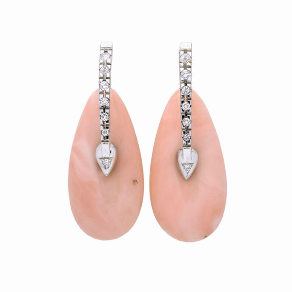 Pair of large pendant earrings in white gold, diamonds and pink coral