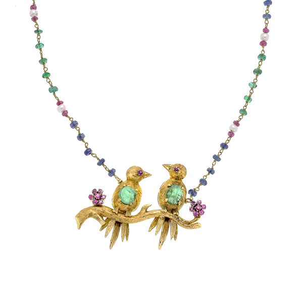 Necklace in yellow gold, micro-pearls, rubies, sapphires and emeralds