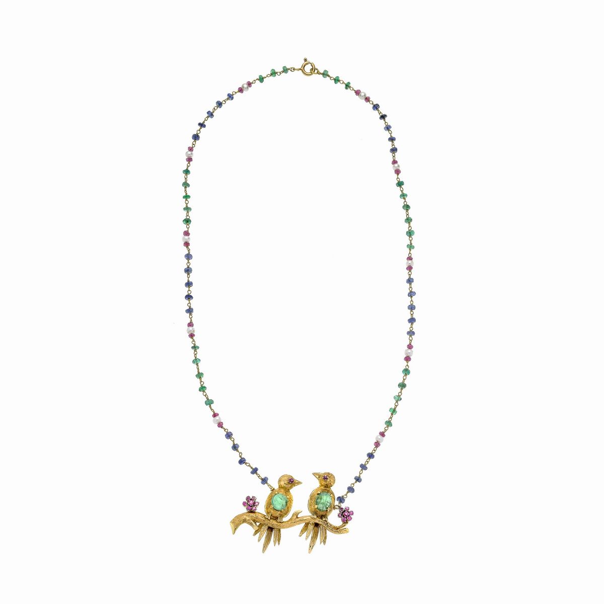 Collana Pappagalli in oro giallo, microperle, rubini, zaffiri e smeraldi