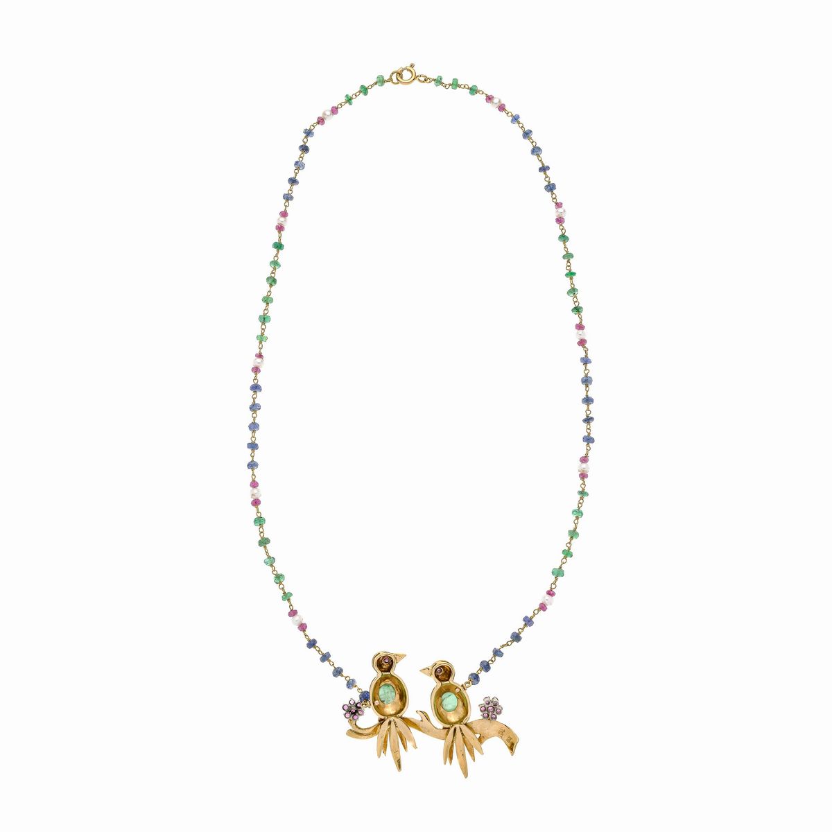 Collana Pappagalli in oro giallo, microperle, rubini, zaffiri e smeraldi