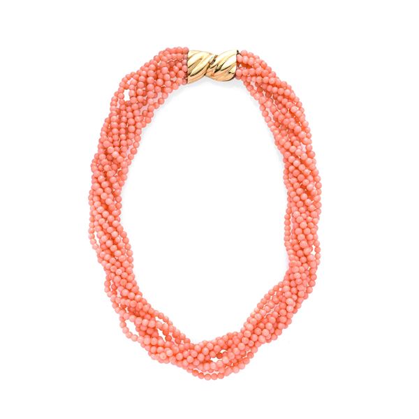 Torchon necklace in yellow oor and pink coral