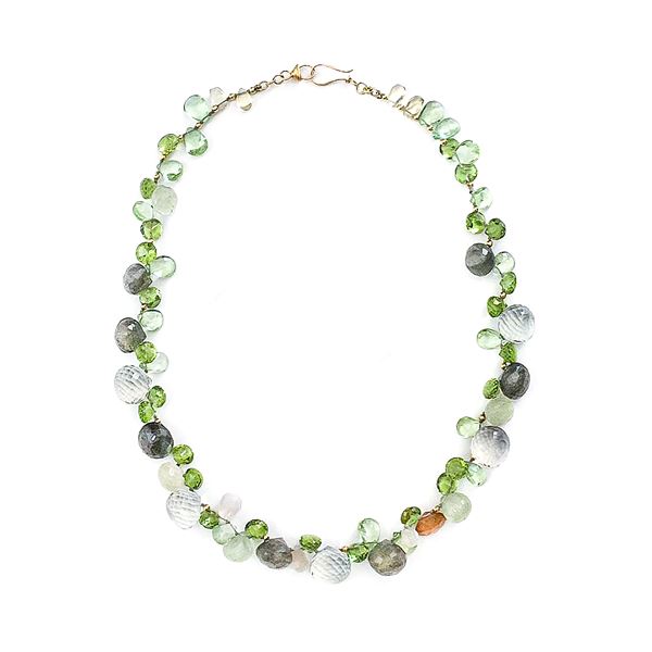 Low title gold necklace, green peridot, green quartz and aquamarine
