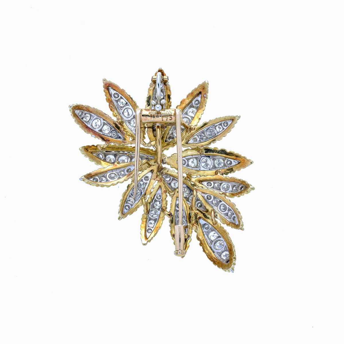 Clip Floreale in oro giallo, oro bianco e diamanti, firmata Vourakis