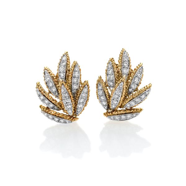 Pair of clip earrings in yellow gold, white gold and Vourakis diamonds