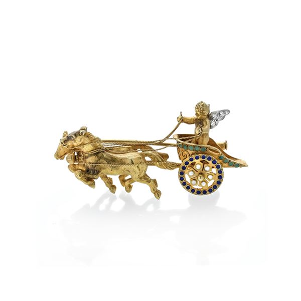 Biga brooch in yellow gold, diamonds and polychrome enamels