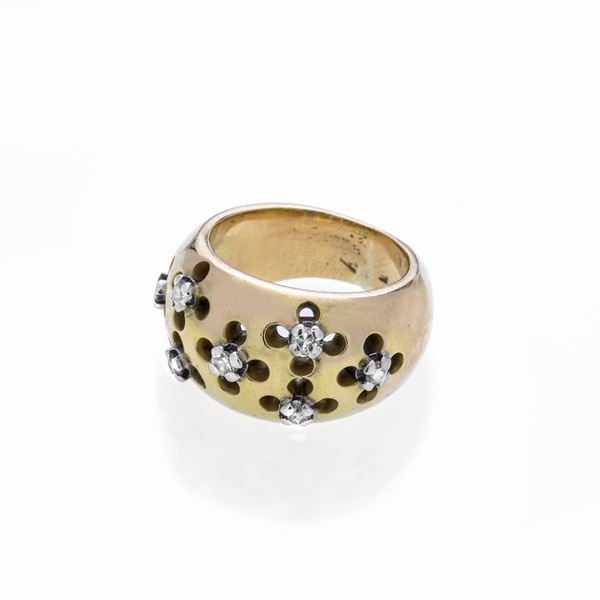 Anello da mignolo in oro giallo, oro bianco e diamanti