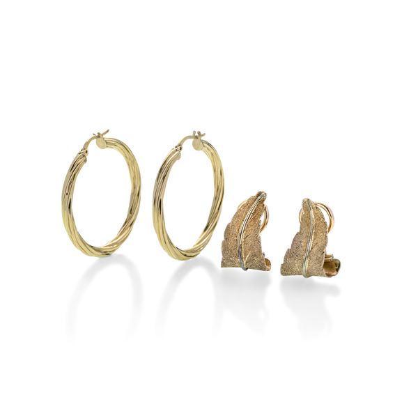 Pair of hoop earrings and a pair of leaves in yellow gold