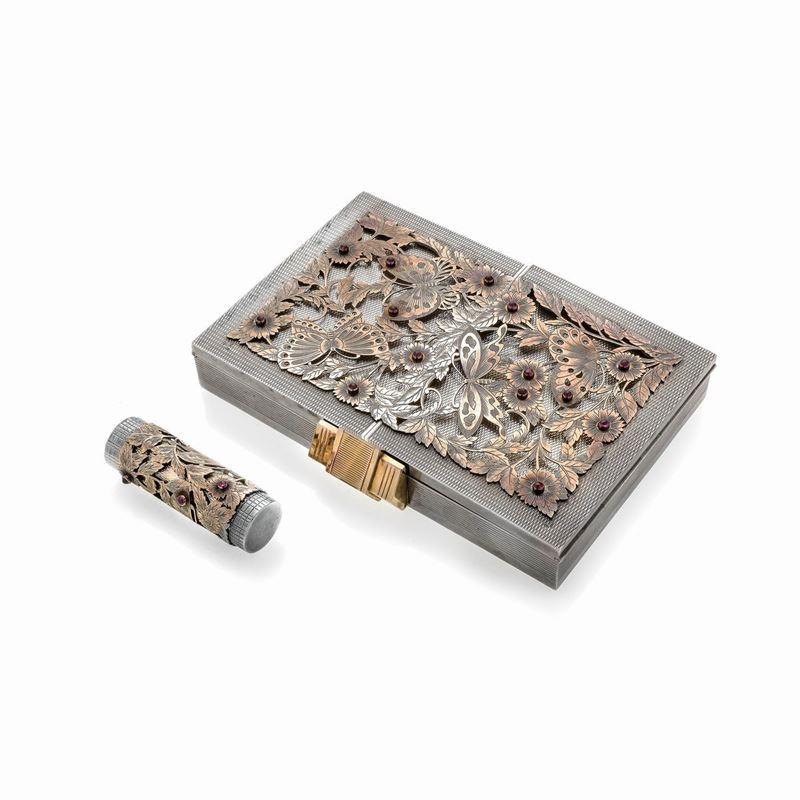 J.Lacloche, borsa con trousse portatrucco in argento, vermeil e rubini