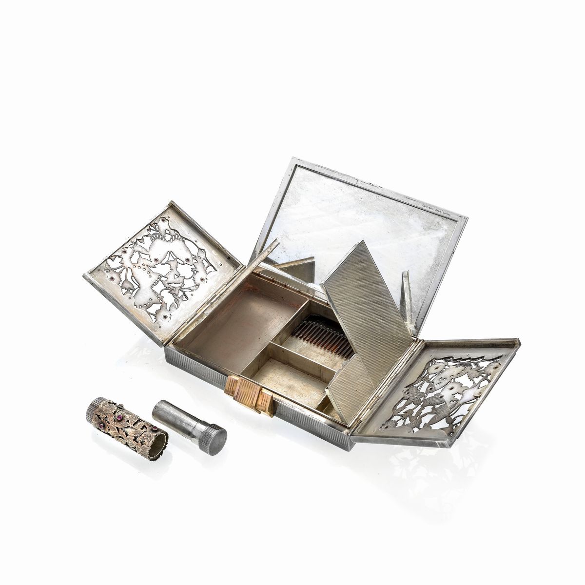 J.Lacloche, borsa con trousse portatrucco in argento, vermeil e rubini