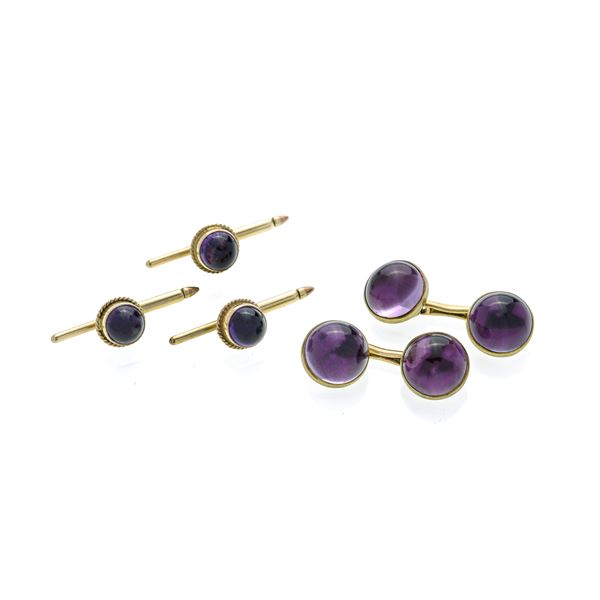 Pair of cufflinks and set of three shot buttons in 14 kt gold and amethyst