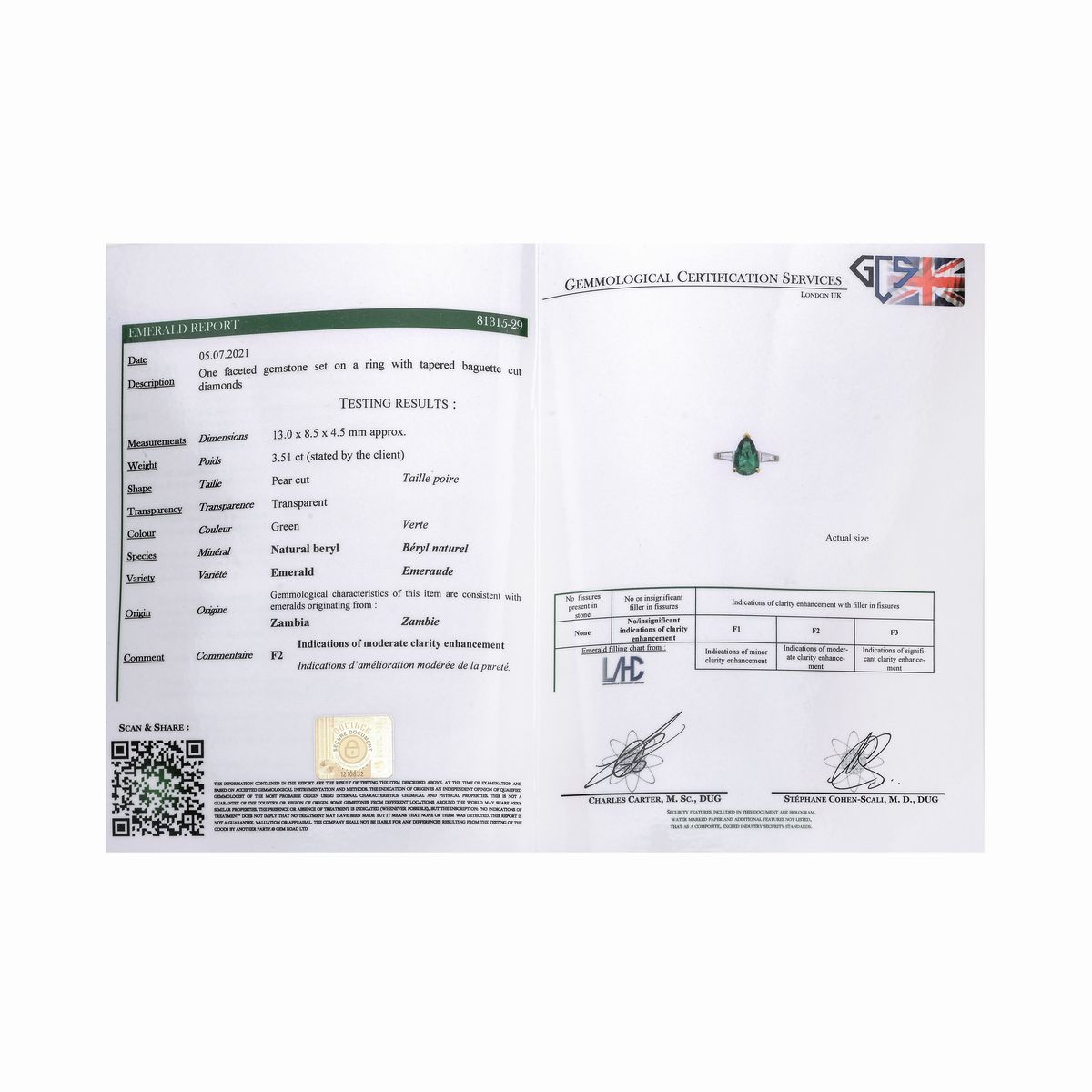 Anello in platino, oro giallo, diamanti e smeraldo