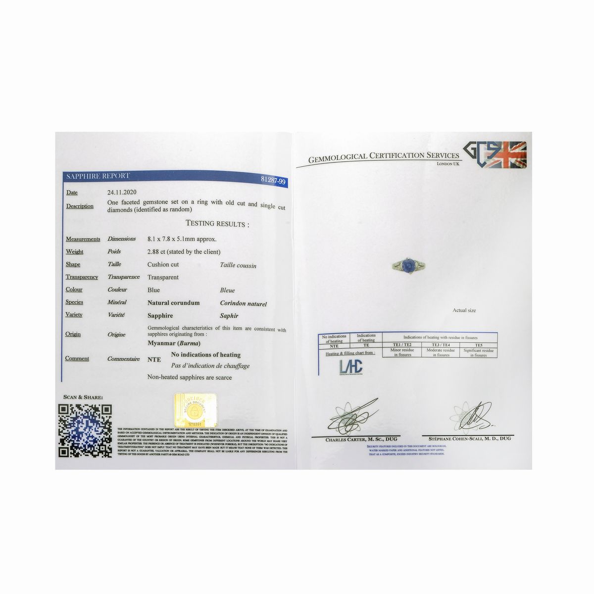 Anello in oro bianco 18k, diamanti e zaffiro Burma