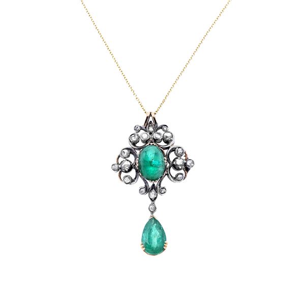 Pendant in gold, silver, diamonds and emeralds with 18k gold chain