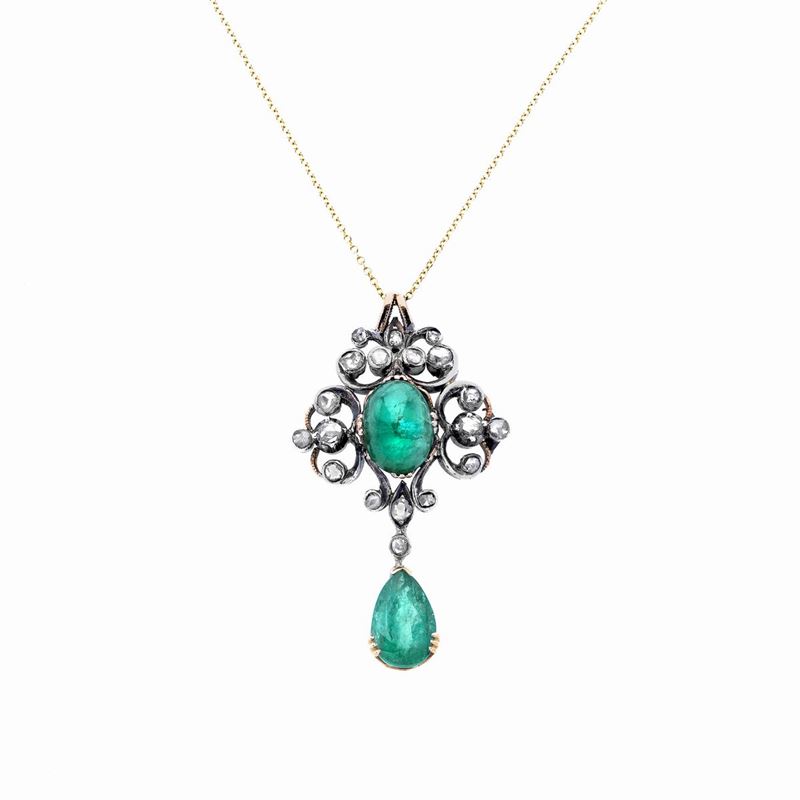 Pendente in oro a basso titolo, argento, diamanti e smeraldi con catena in oro 18k