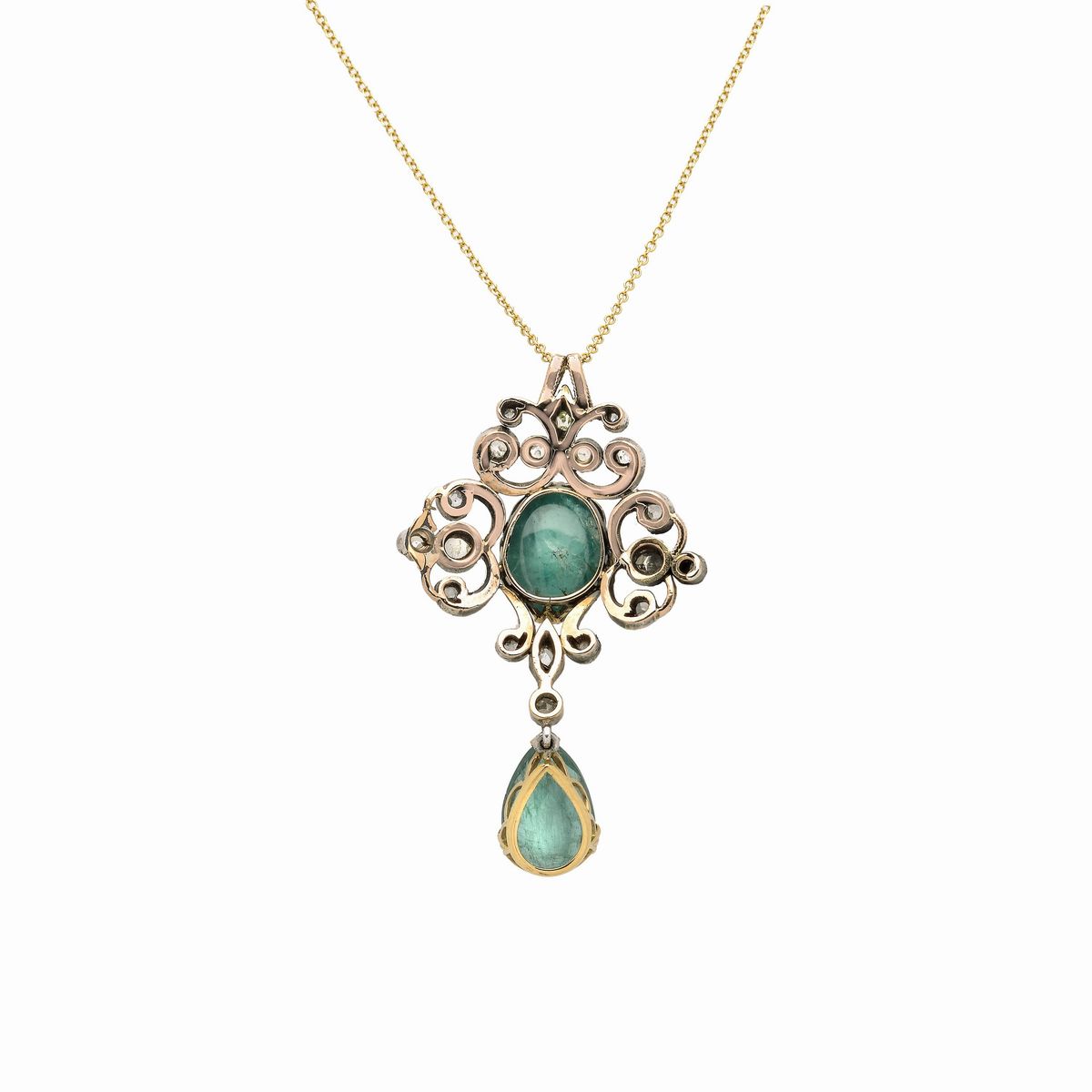 Pendente in oro a basso titolo, argento, diamanti e smeraldi con catena in oro 18k