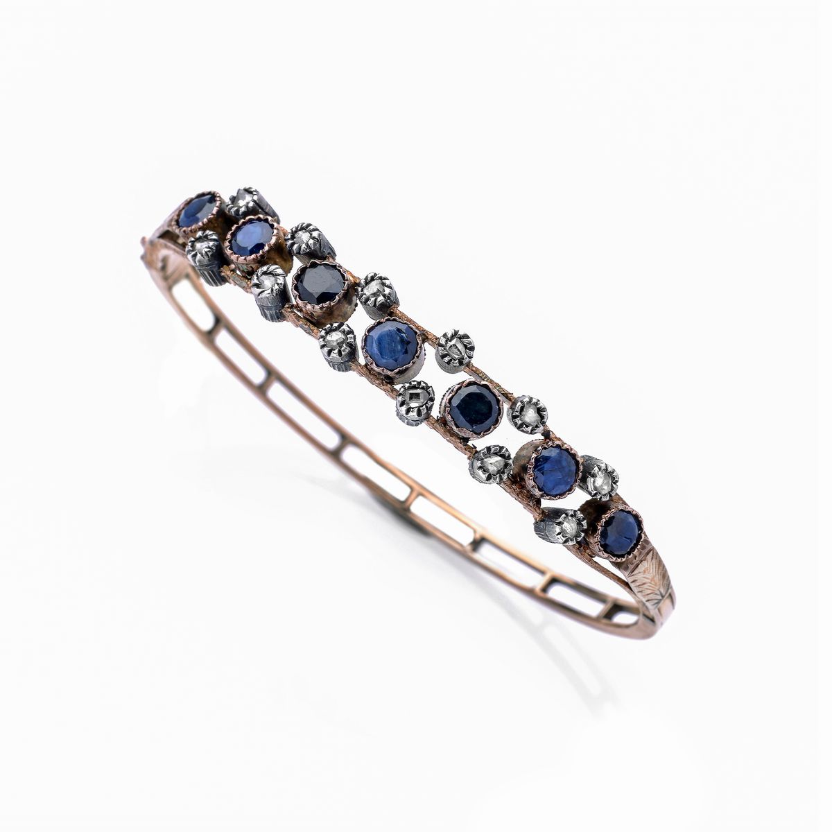 Bracciale rigido in oro rosa 14k, argento, diamanti e zaffiri