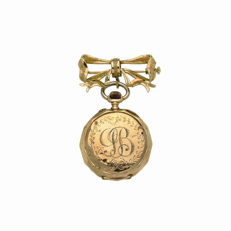Spilla a fiocco con orologio da taschino pendente in oro giallo 18k