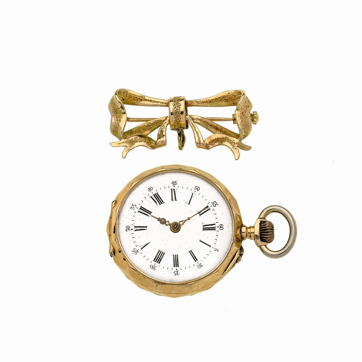 Spilla a fiocco con orologio da taschino pendente in oro giallo 18k