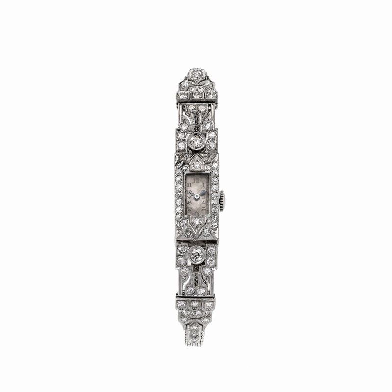 Orologio da signora in platino, oro bianco 18k e diamanti