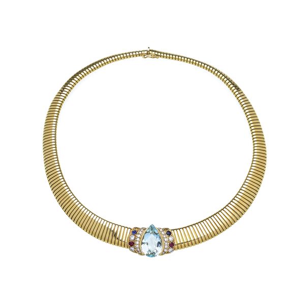 Necklace in 18k yellow gold, aquamarine, diamonds and sapphires