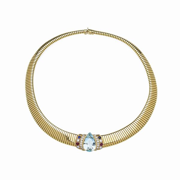 Necklace in 18k yellow gold, aquamarine, diamonds and sapphires  (The nineties)  - Auction Auction of antique and Modern Jewelry and Wristwatches - Curio - Casa d'aste in Firenze