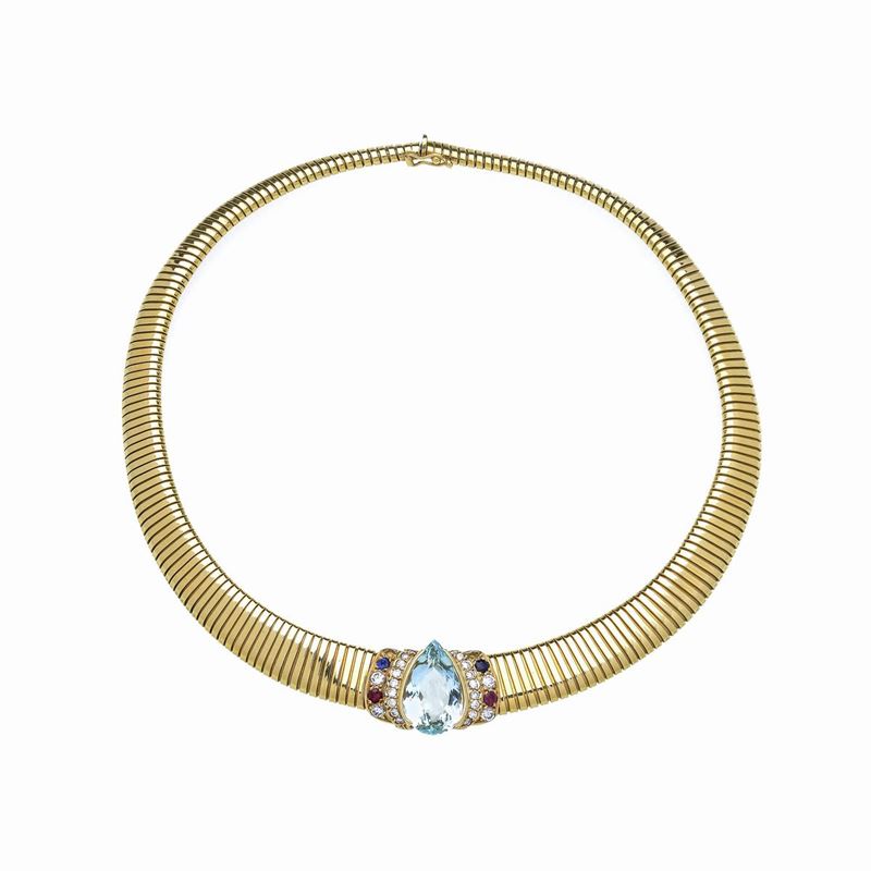 Girocollo in oro giallo 18k, acquamarina, diamanti e zaffiri