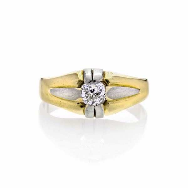 Anello da uomo in oro giallo 18 kt, oro bianco e diamante