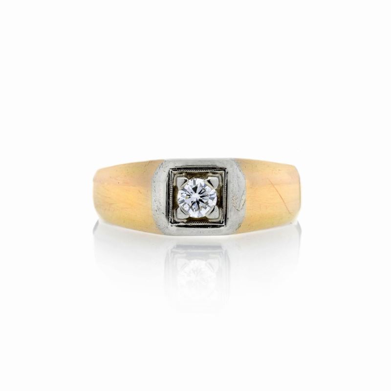 Anello da uomo in oro giallo 18 kt, oro bianco e diamante