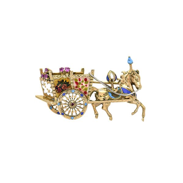 "Sicilian cart" brooch in 18k yellow gold, rubies and polychrome enamels
