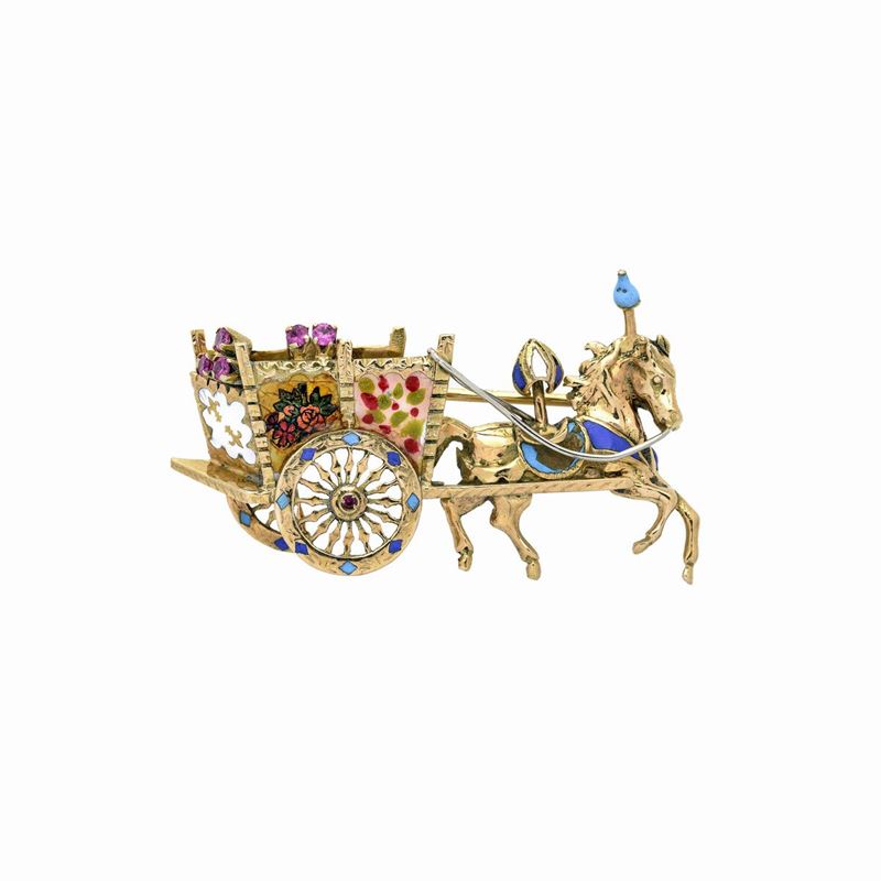 Spilla Carretto siciliano in oro giallo 18k, rubini e smalti policromi