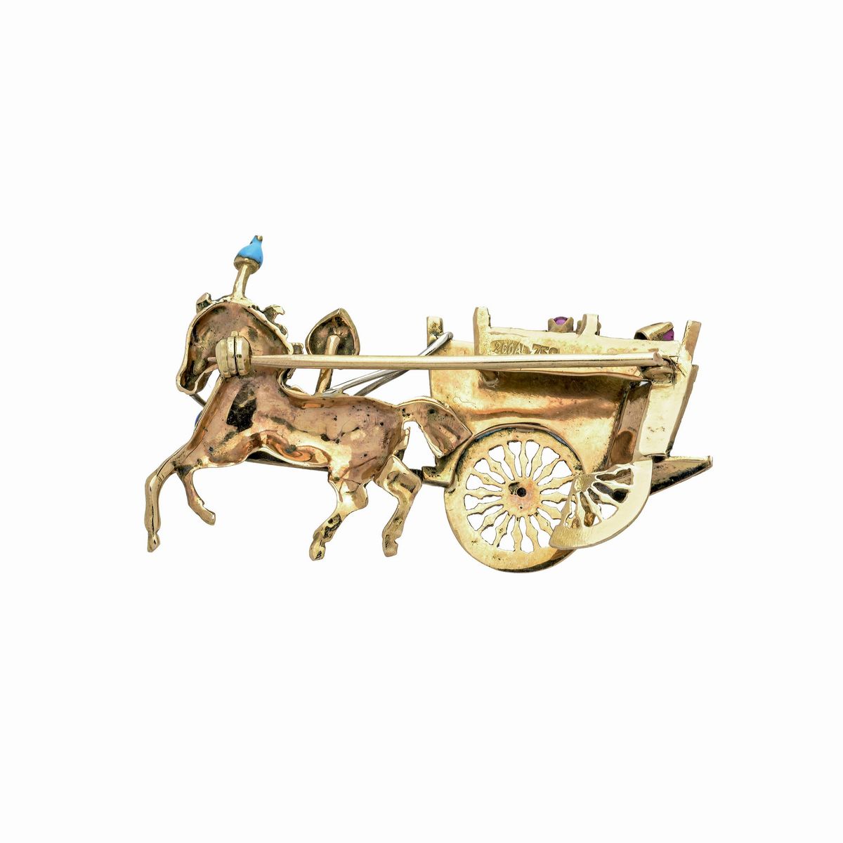 Spilla Carretto siciliano in oro giallo 18k, rubini e smalti policromi