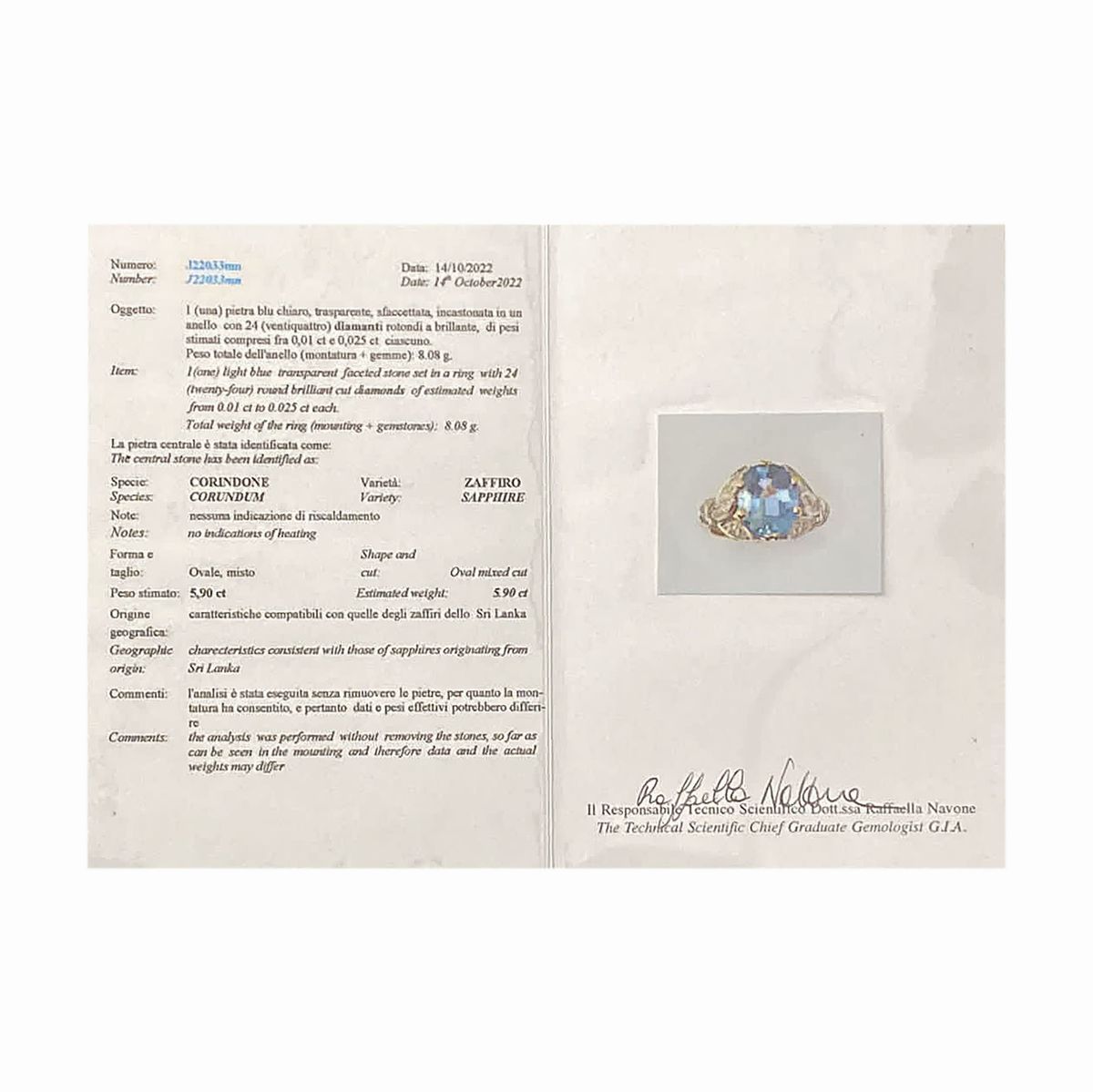 Anello in oro bianco e oro giallo 18k, diamanti e zaffiro Ceylon