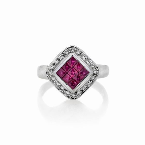 Ring in white gold, diamonds and rubies