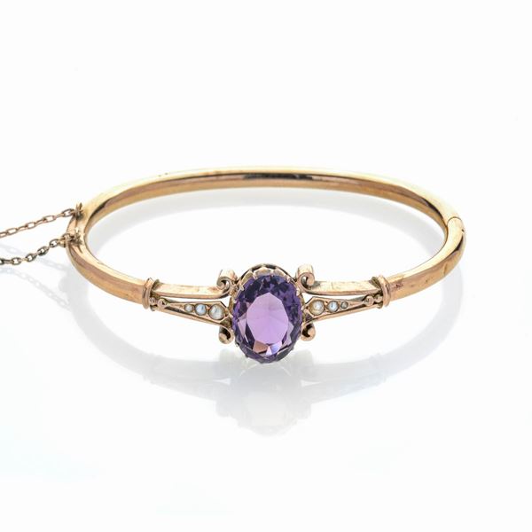 Rigid bracelet in 9k rose gold, micro-pearls and amethyst