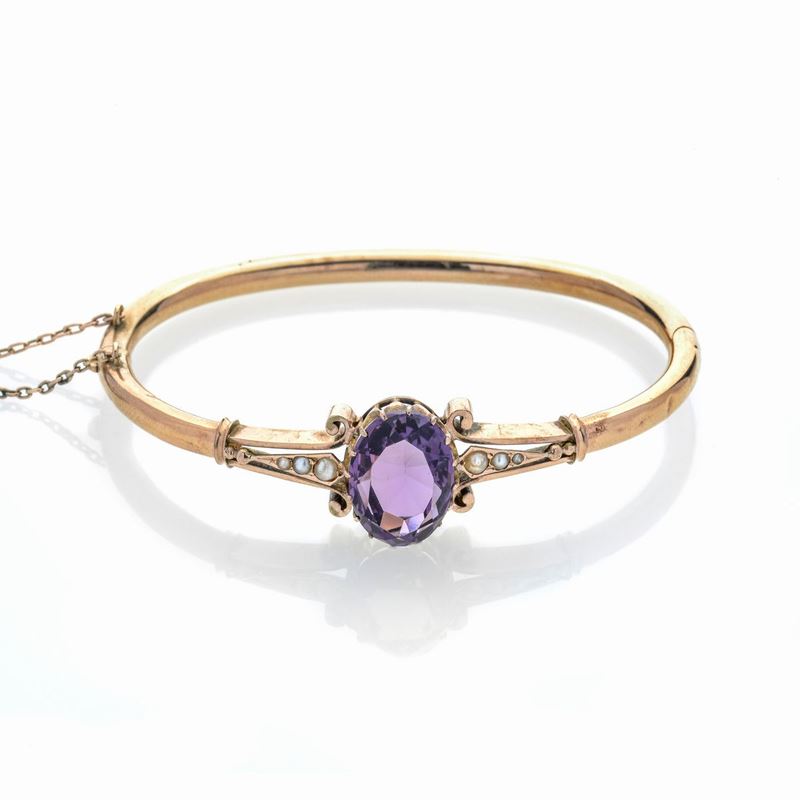 Bracciale rigido in oro rosa 9k, microperle e ametista