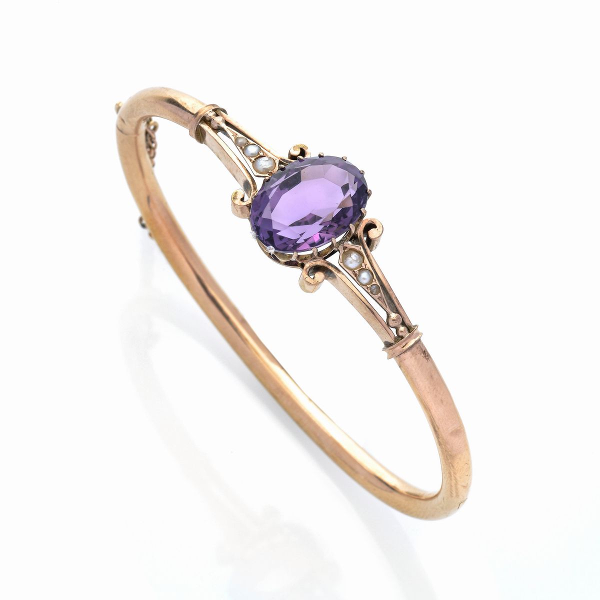 Bracciale rigido in oro rosa 9k, microperle e ametista