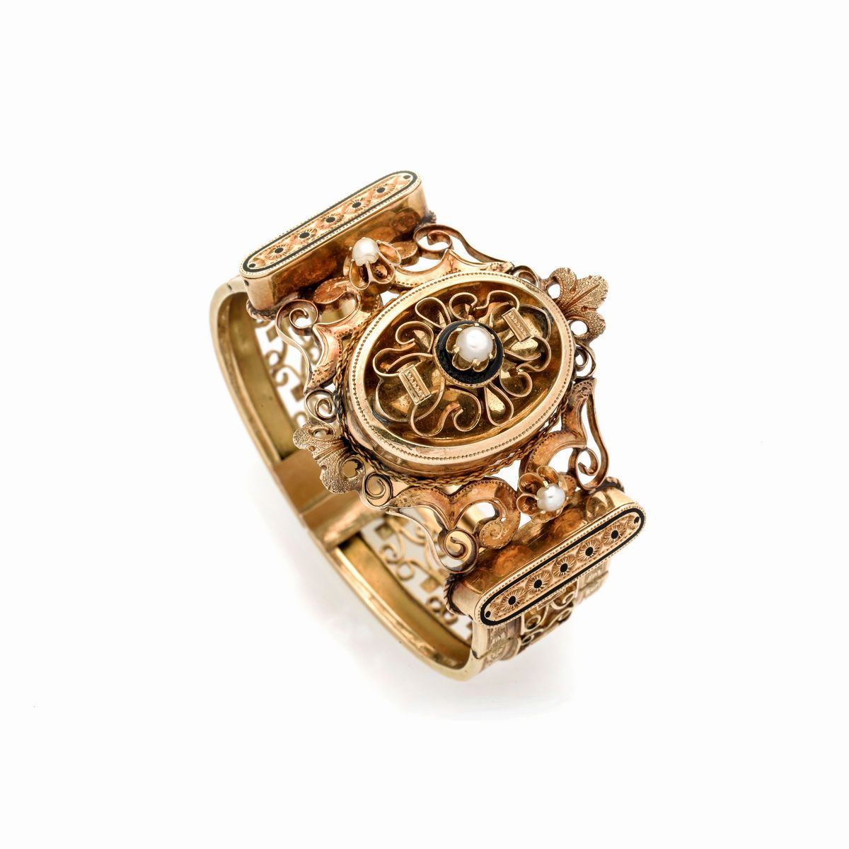 Alto bracciale rigido porta-ricordi in oro giallo 18k, smalto e perle