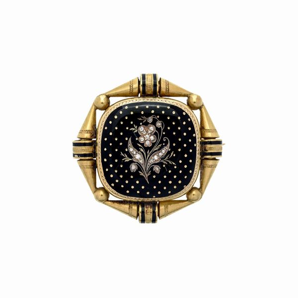 Spilla pendente in oro giallo 18k, smalto nero e diamanti
