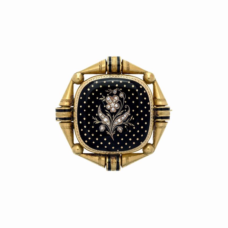 Spilla pendente in oro giallo 18k, smalto nero e diamanti