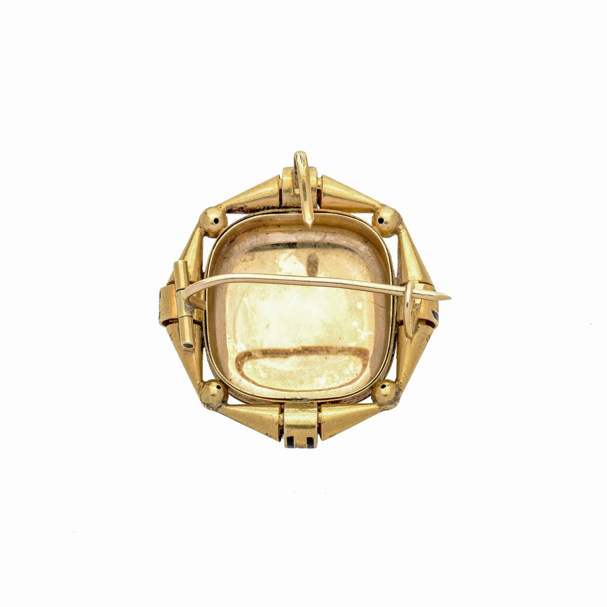 Spilla pendente in oro giallo 18k, smalto nero e diamanti