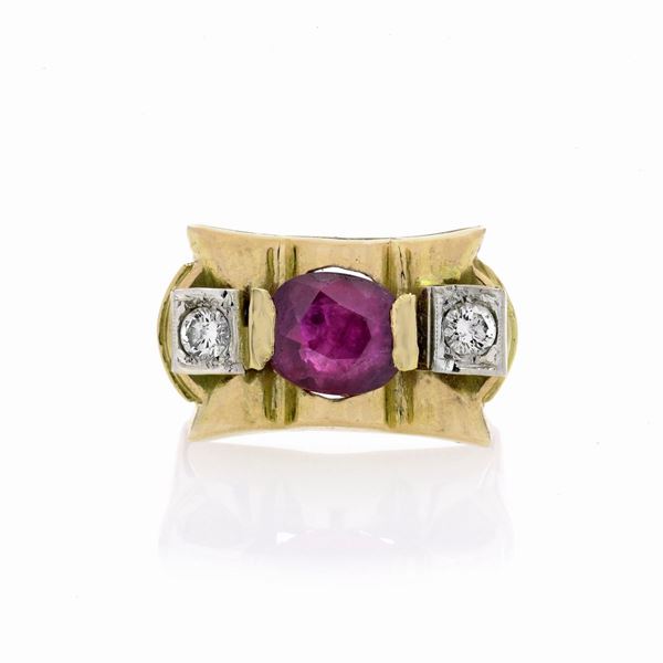 Anello a ponte in oro giallo 18k, diamanti e rubino