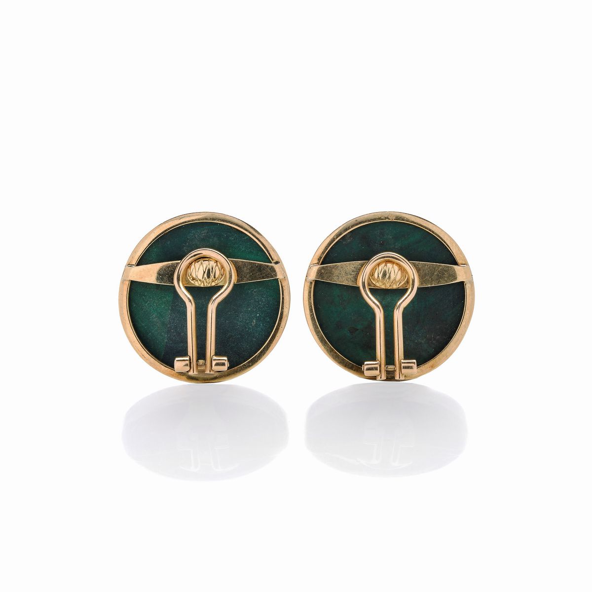 Paio di grandi orecchini a bottone in oro giallo 18 kt e malachite