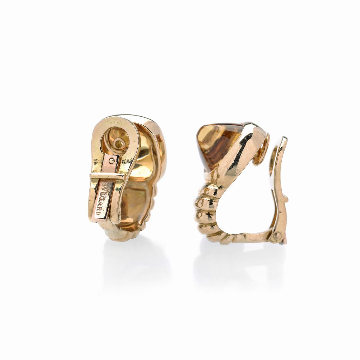 Bulgari, paio di orecchini a clips in oro giallo 18k e quarzo citrino