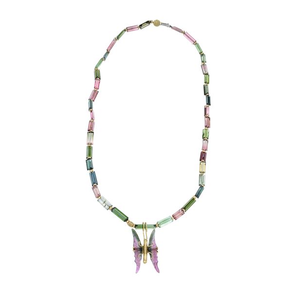 Necklace with pendant in 18k yellow gold and multicolored tourmalines