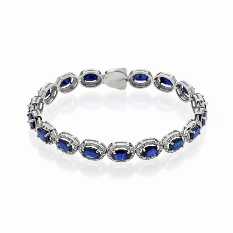 Bracciale in oro bianco 14k, diamante e zaffiri naturali