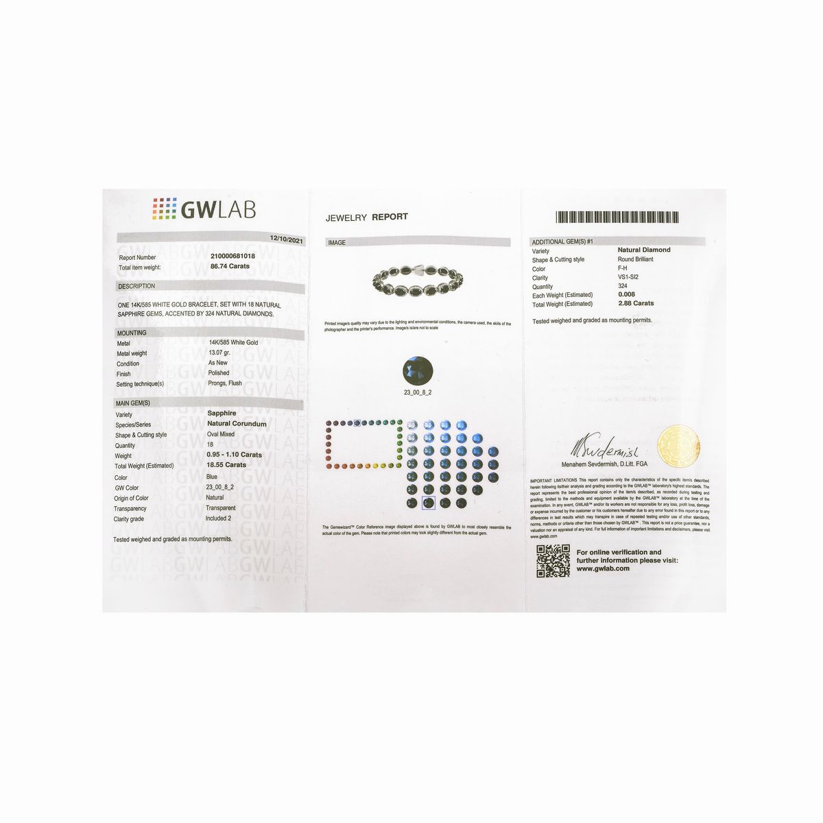 Bracciale in oro bianco 14k, diamante e zaffiri naturali