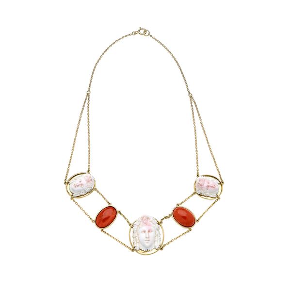 Yellow gold, engraved white coral and red coral necklace