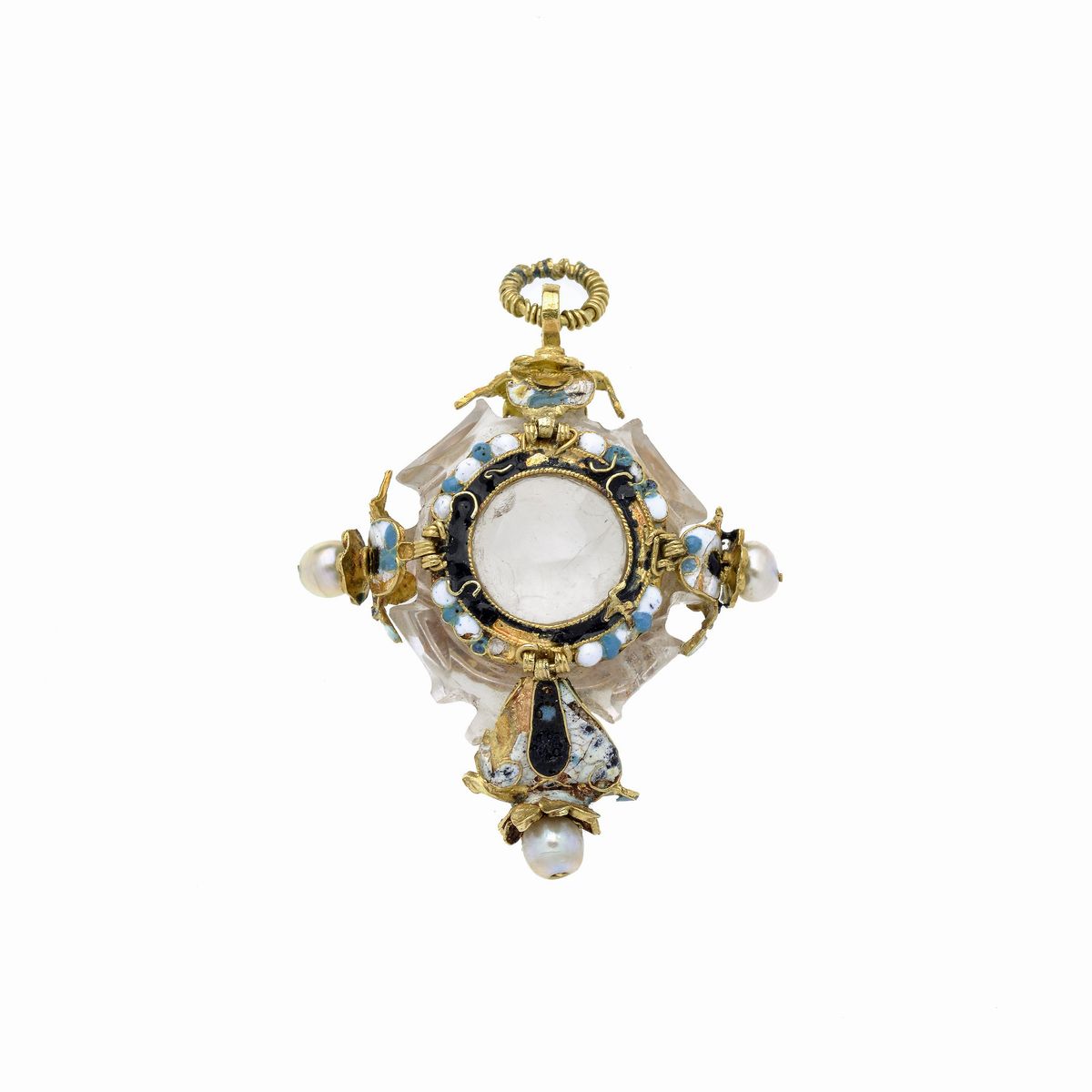 Pendente reliquiario in oro giallo 22 kt, cristallo di rocca e smalti policromi