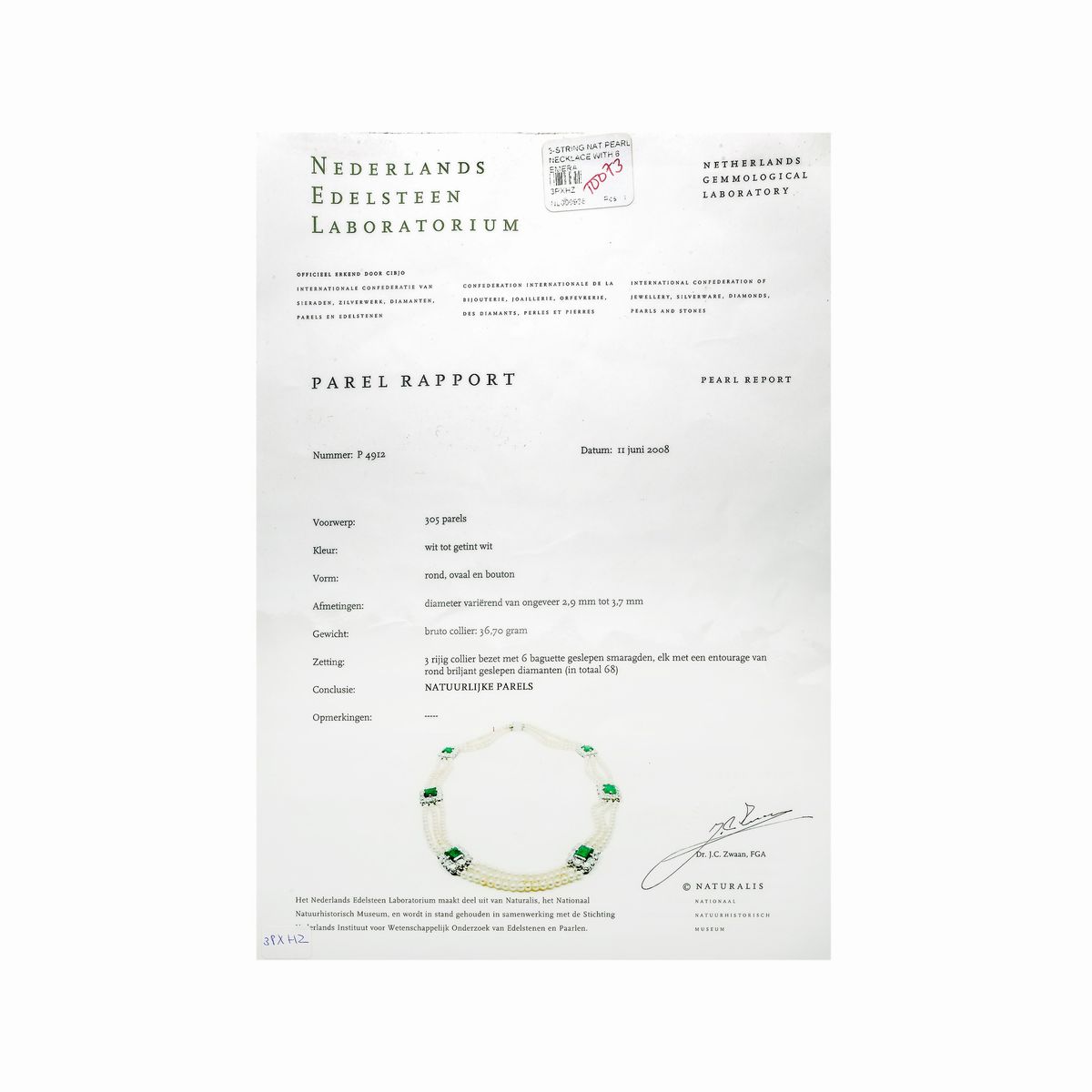 Importante Collier in platino, perle naturali, diamanti e smeraldi