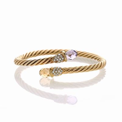 Bracciale Rigido Torchon in Oro Giallo 18k, Diamanti, Quarzo Citrino ed Ametista